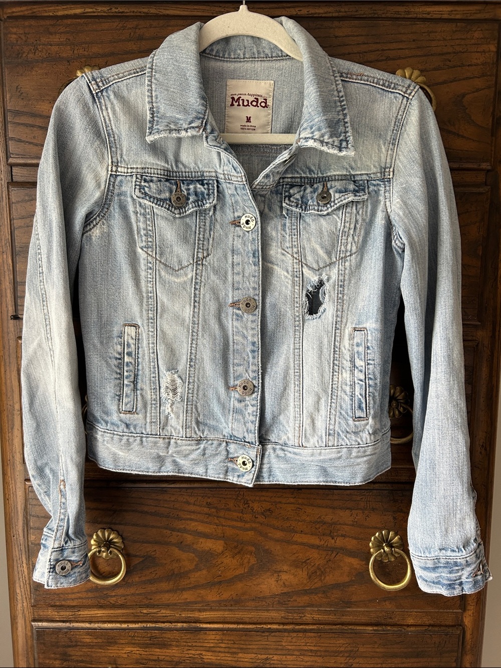 Mudd Light Wash Distressed Denim Jacket, Size M